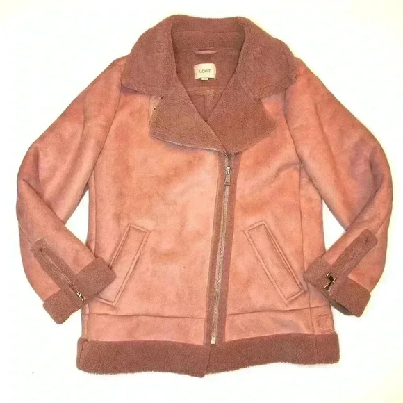 LOFT Women’s Pink Faux Suede Moto Aviator Sherpa Jacket Size- M - Picture 4 of 11